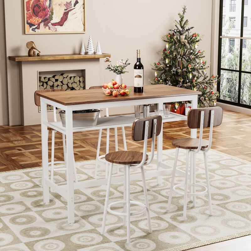 5-Piece Pub Table Set with Shelf Storage & 4 Stools, Multi-Functional Corner Bar Table Set with Backrest Stools - Brown White