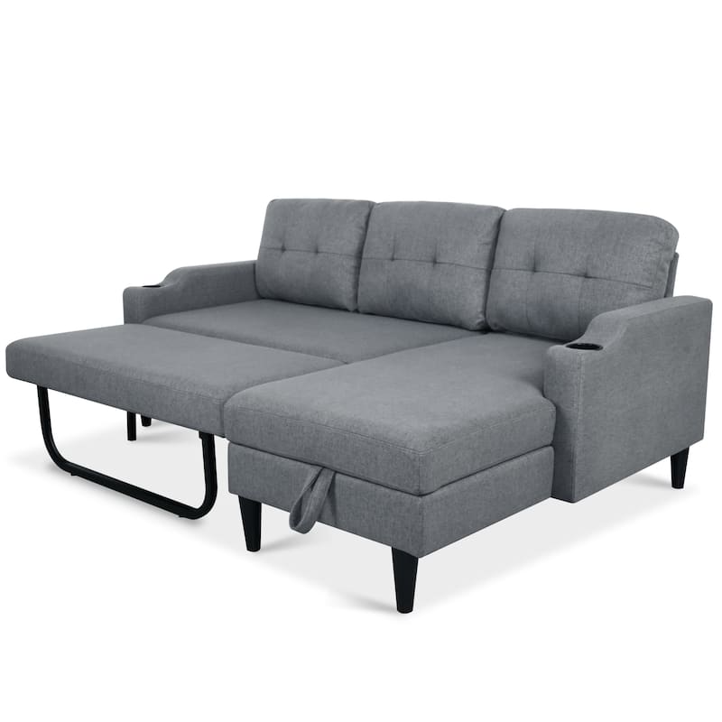 Pull Out Couch, L Shaped Convertible Sleeper Sofa Bed with Hidden Storage, 3-in-1 Upholstered Sectional Sofa with Cup Holder