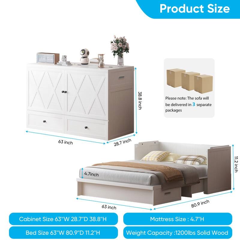 Mixoy Queen Size Murphy Bed with Charging Station & Storage Drawer,Space-Saving Design,Optional Mattress