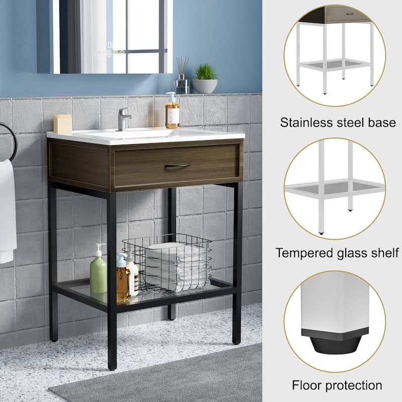 24/30/36-Inch Modern Bathroom or Patio Vanity with Metal Frame and Open Shelf, Black/White