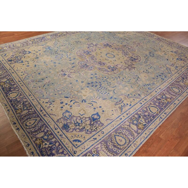 Floral Blue Medallion Tabriz Persian Area Rug Hand-Knotted Wool Carpet - 9'5"x 12'4"