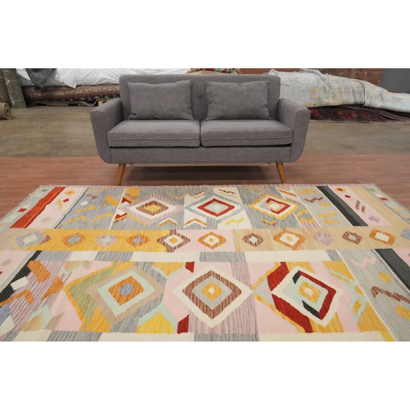 Hand Woven Oriental 100% Wool Carpet Southwestern Tribal Multi-Colored Kilim Area Rug - 8' 10'' X 5' 10''