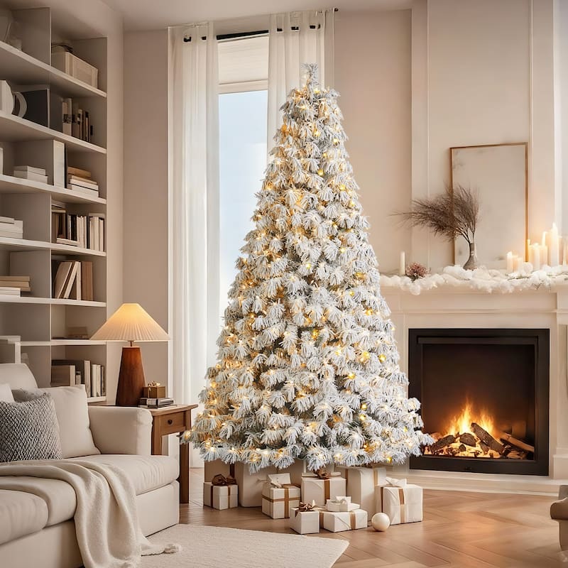 Glitzhome 6FT/7.5FT/9FT/11FT Snow Flocked Pre-lit Artificial Fir Christmas Trees