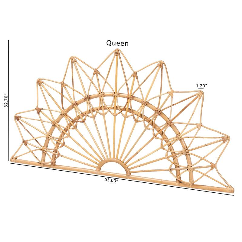 Solara Natural Rattan Headboard - Handwoven Wicker Wall-Mount Headboard in Sunburst Shape, Coastal Boho Bedroom Backdrop, Queen