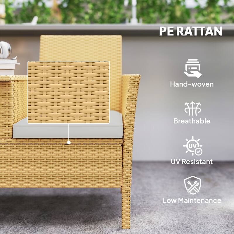 Khaki PE Rattan Steel Patio Loveseat with Cushions and Storage Table - 52.8" W x 22.8" D x 32.3" H
