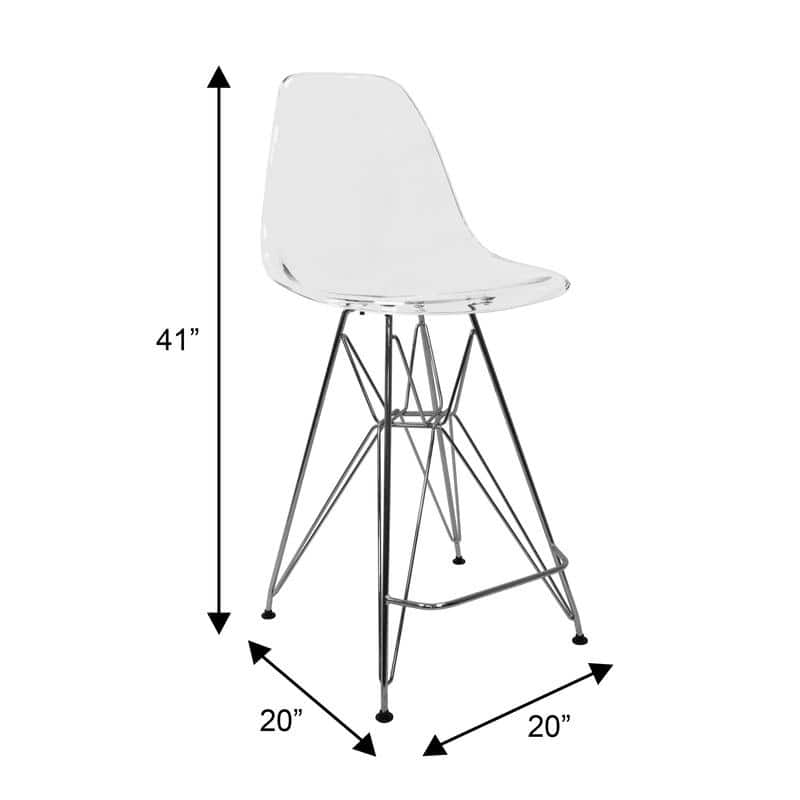 Cresco Sleek Modern Acrylic in Steel Frame Barstool with Built-In Footrest for Kitchen Island Home Bar or Dining Room Seating