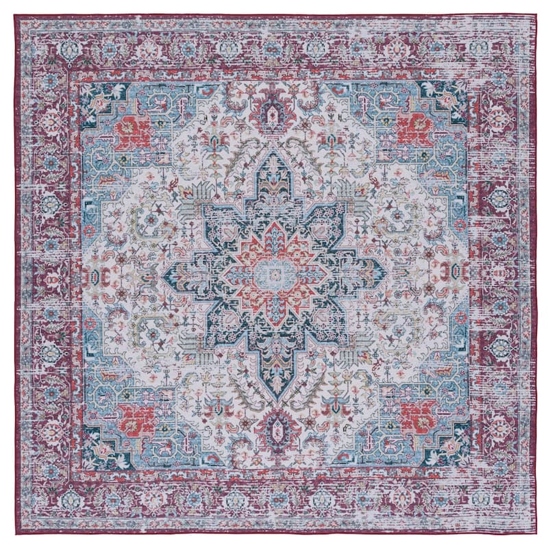 SAFAVIEH Tucson Machine Washable Slip Resistant Iris Oriental Medallion - 6' x 6' Square - Ivory/Red - Square