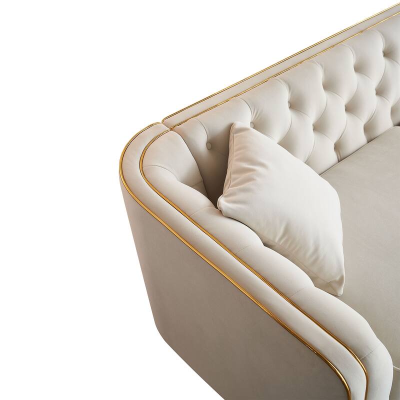 87"W Modern Tufted Beige Velvet Sofa for Living Room, Hotel Apartment