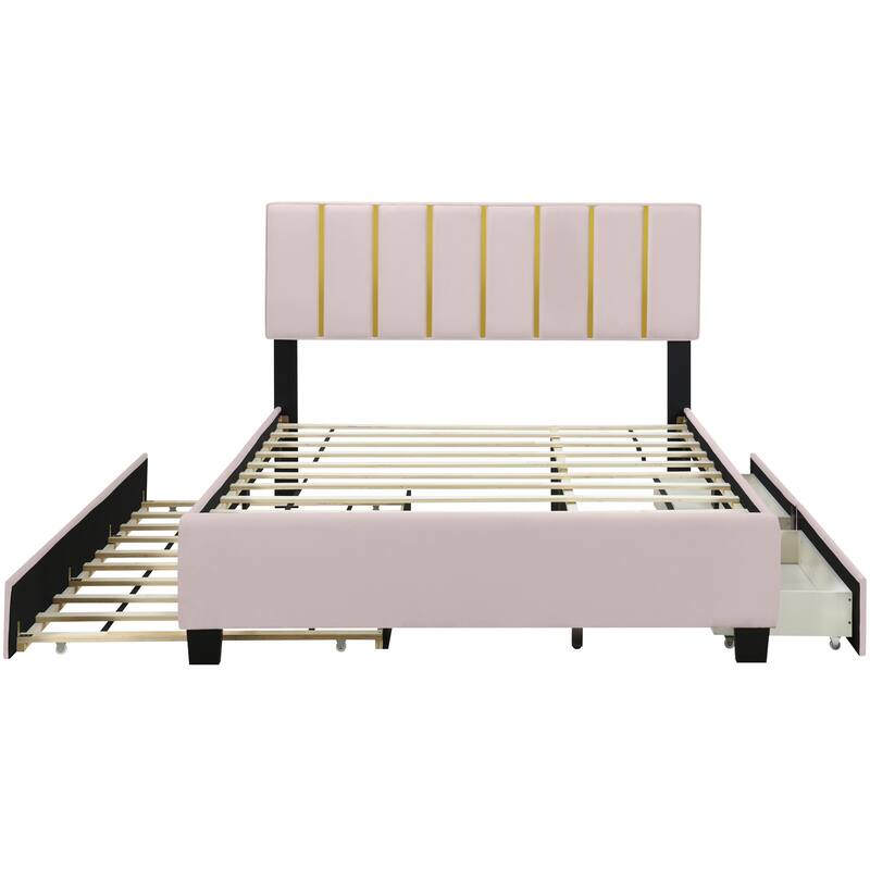 HomeRoots Pink Tufted Velvet Upholstered Queen Bed Frame With Trundle And Drawers