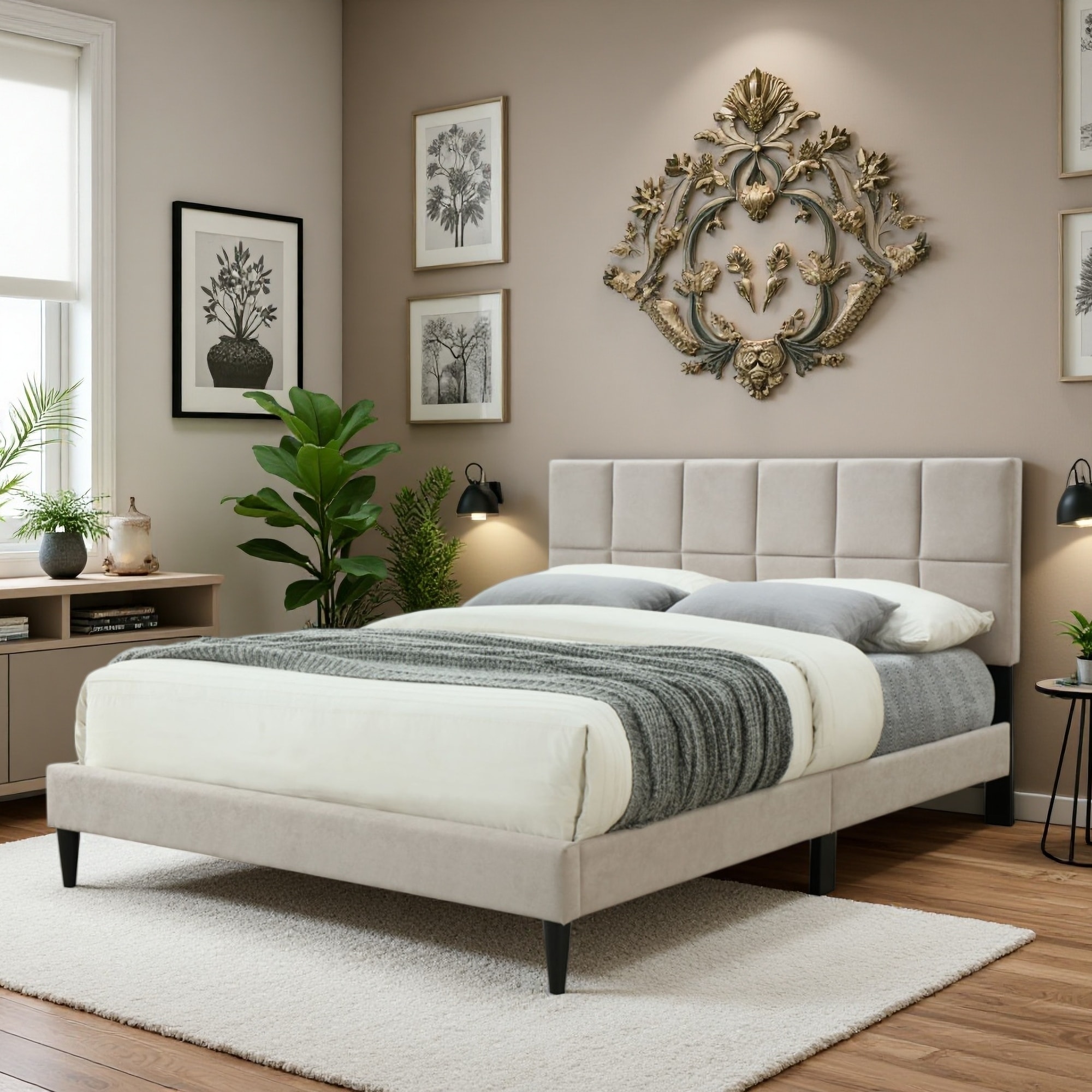Upholstered Platform Bed with USB and Square Tufted Headboard