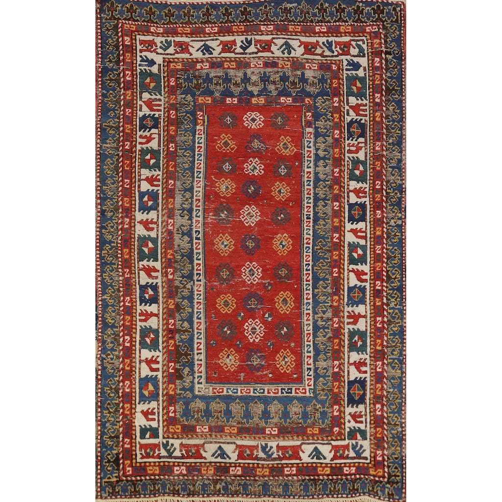 Hand Knotted Oriental 100% Wool Carpet Traditional Geometric Red Kazak Area Rug - 8' 0'' X 4' 9''