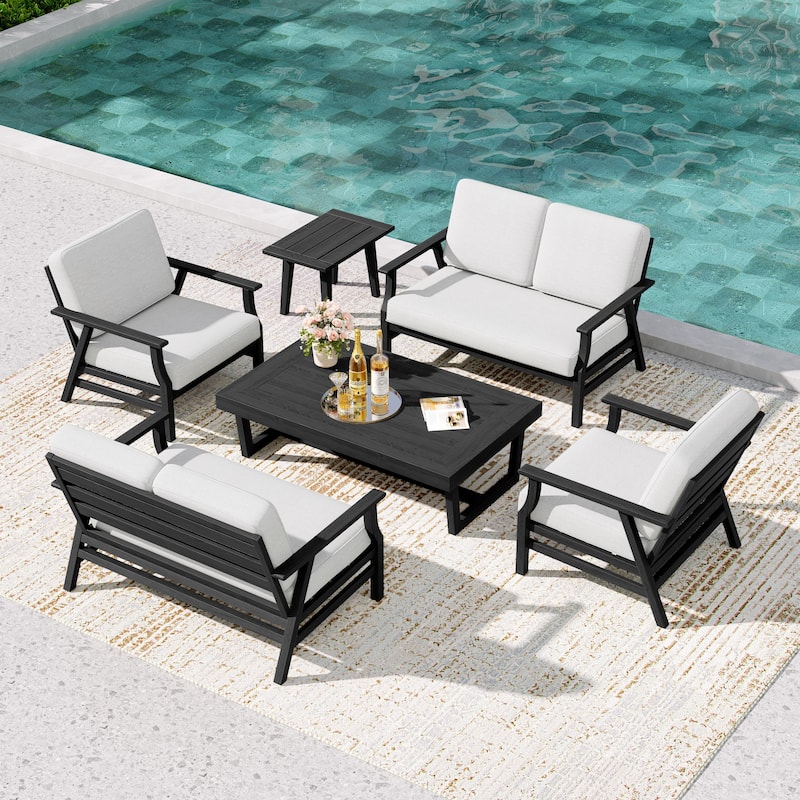 4-Piece Teak Outdoor Conversation Set With 2 Loveseats, Coffee Table & Side Table - Beige - Black Wood