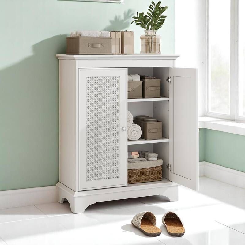 Modern White Rattan Cabinet with Adjustable Partition, 2 Doors, Freestanding Accent Storage for Hallway or Kitchen