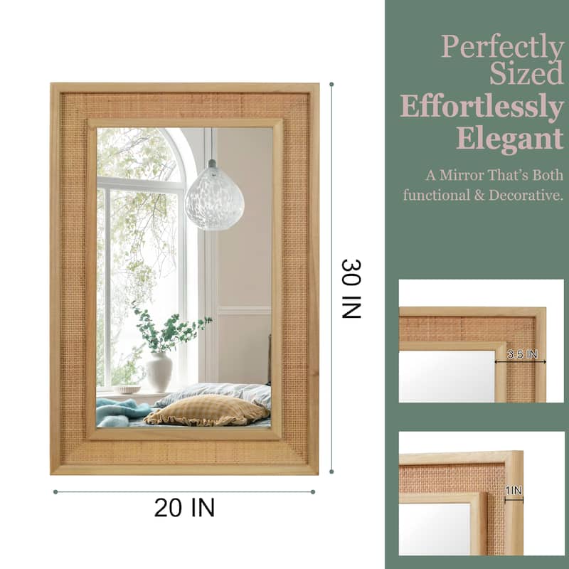 20"x30" Rattan Rectangle Solid Wood Frame Decorative Mirror,For Farmhouse,Bathroom,Home Decor,Entryway