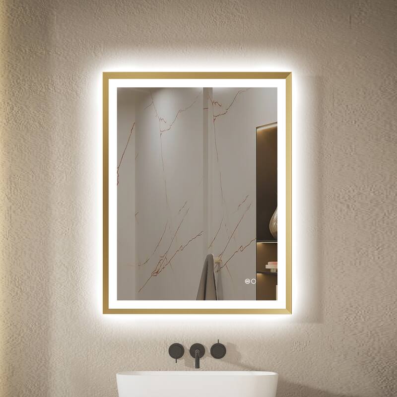 Wall Mounted Back Light Bathroom Framed LED Mirror Anti- Fog With Dimmable Light Touch Sensor And Memory Function - 36"H x 28'' W - Brushed Gold
