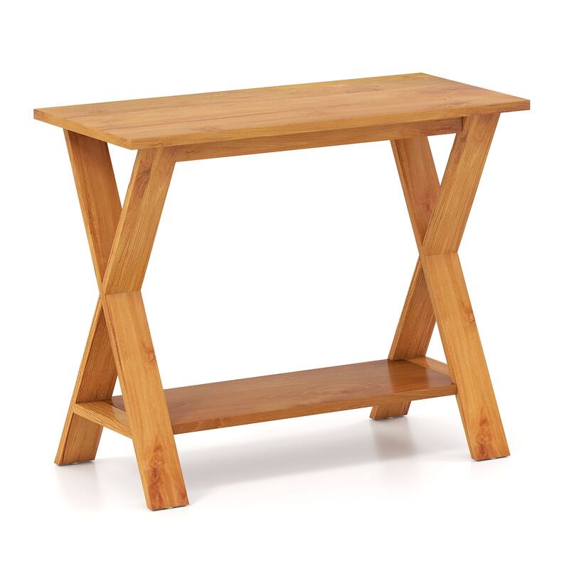 35.5" Teak Wood Console Table with Storage Shelf and X-Cross Legs for Living Room or Bathroom - 35.5" x 16" x 28"