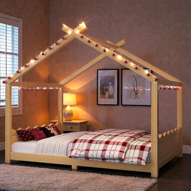 Kids Solid Wood House Floor Bed with Support Slats, Montessori Low Profile Bed, No Box Spring Needed