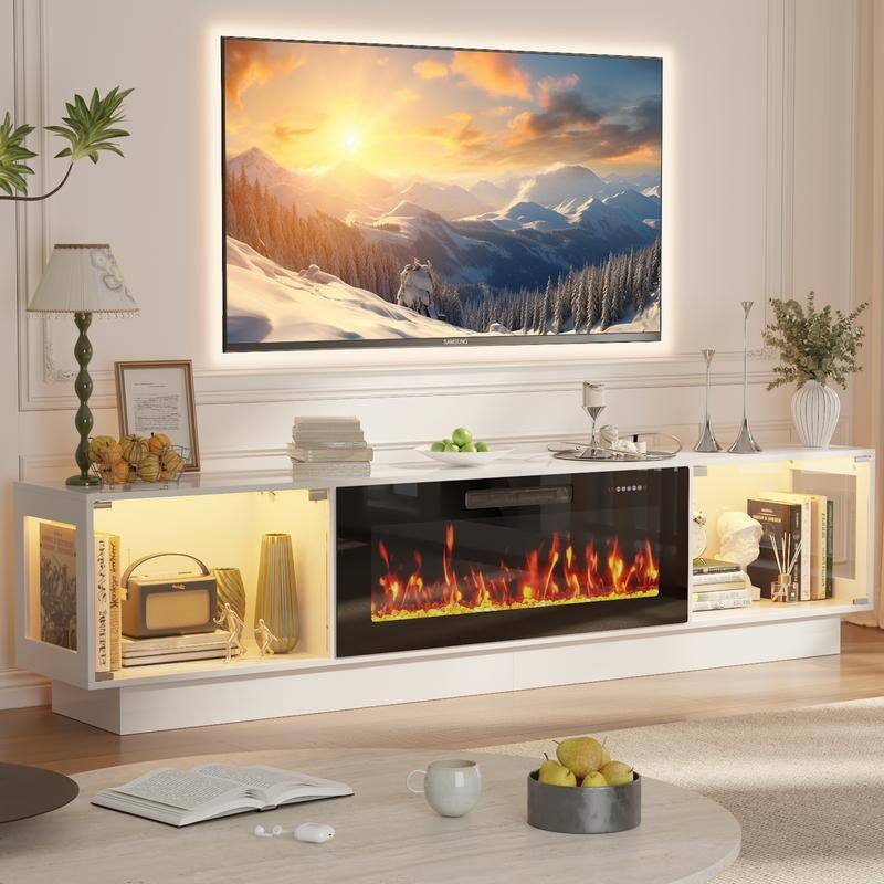 BOSSIN 80" Fireplace TV Stand with Adjustable LED Lights, Modern Entertainment Center with Glass Door Storage Cabinet, Black - White