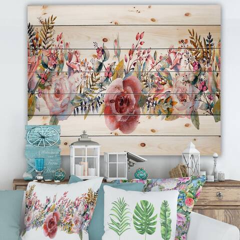 Designart 'Pink Roses and Wildflower' Farmhouse Print on Natural Pine Wood