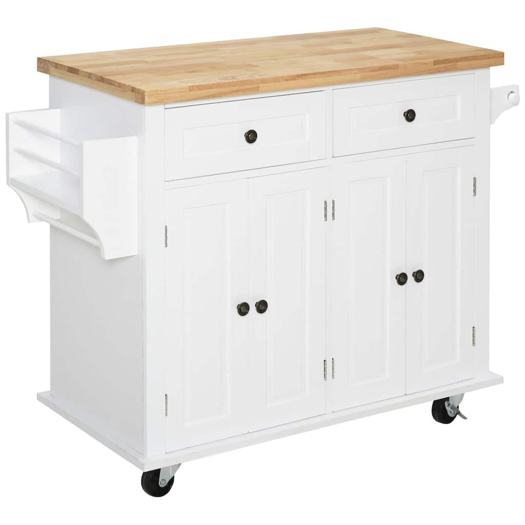 Kitchen Island Cart with Rubberwood Top, Drawers, Adjustable Shelves, Spice Rack & Towel Rack, Portable Trolley Table on Wheels