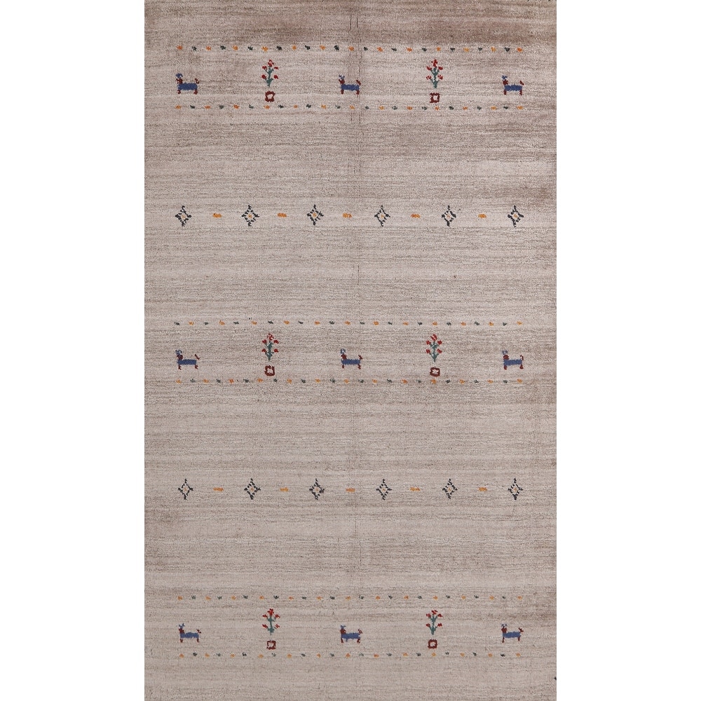 Hand Knotted Oriental 100% Wool Carpet Tribal Animal Pictorial Beige & Ivories Gabbeh Area Rug - 4' 11'' X 3' 0''