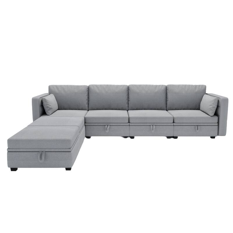 Linen Fabric U Shaped Modular Couch Set with Ottomans and Storage Seats