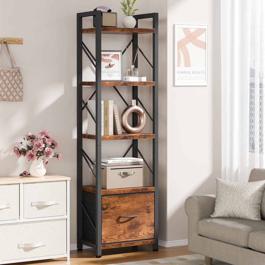 5-Tier Bookshelf with Fabric Drawer, Wood & Metal Storage Shelf