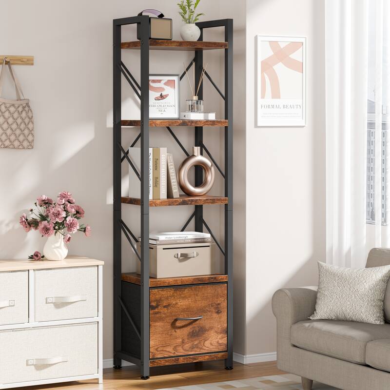 5-Tier Bookshelf with Fabric Drawer, Wood & Metal Storage Shelf - Brown
