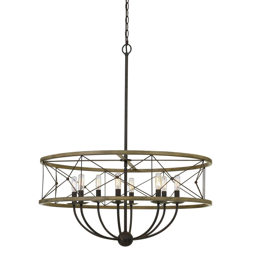 Round Wooden Frame Pendant Fixture with Metal Lattice Design, Dark Bronze