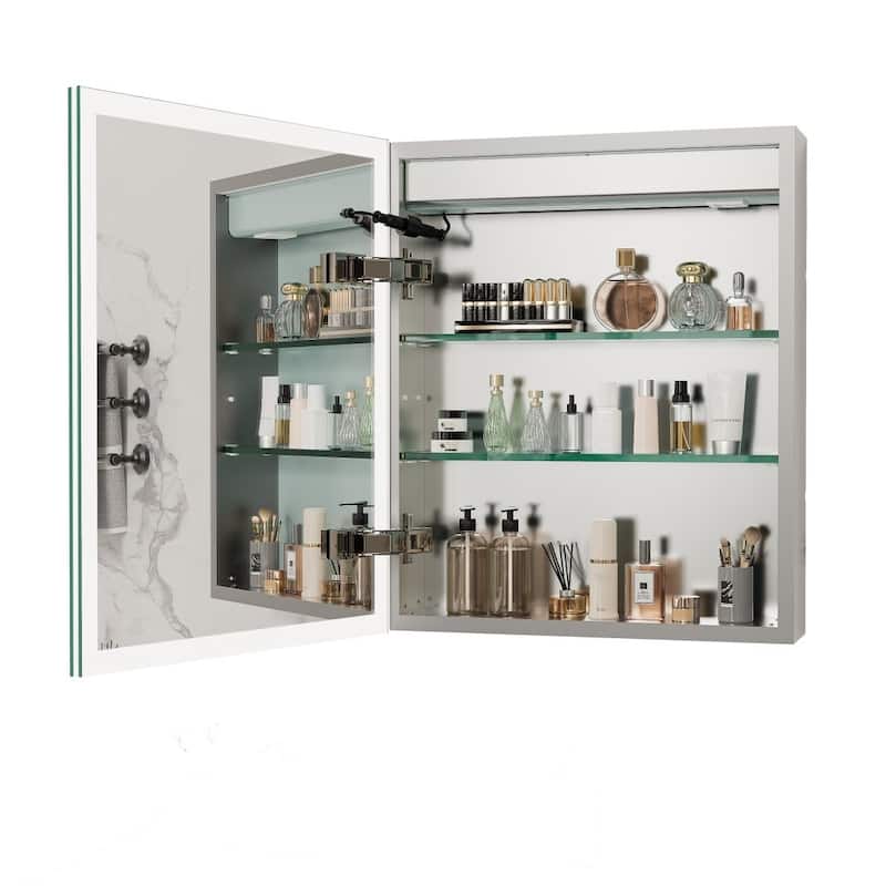 Illuminated LED Wall Mirrored Bathroom Storage Medicine Cabinet with Shaver Socket Bluetooth Anti-Fog Lighted Mirror Cabinet