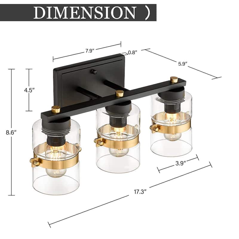 Modern Industrial 3-Light Bathroom Vanity Light with Clear Glass,White or Black and Gold Finish