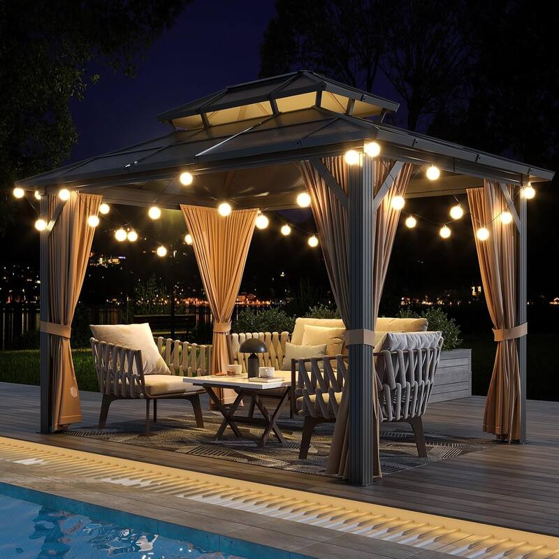 Hardtop Outdoor Double Roof Gazebo, Aluminum Frame Permanent Pavilion with Curtains and Nettin