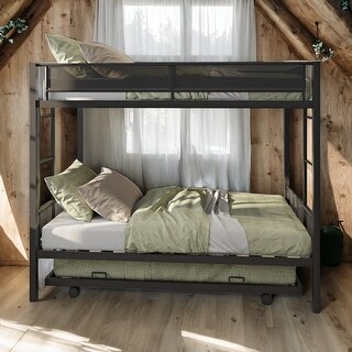 Kid Bed Frame Metal Twin over Twin Bunk Bed with Trundle,Wood Slat,2 Side Ladders