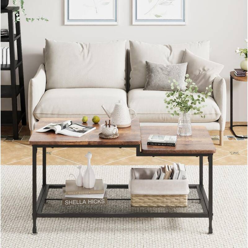 Coffee Table 2-Tier Center Table with Mesh Shelf Rectangle Storage