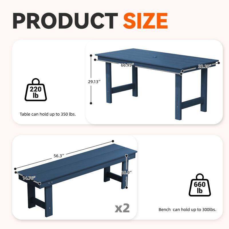 3-Piece HDPE Outdoor Dining Set with Umbrella Hole Table and Two 2-Person Benches
