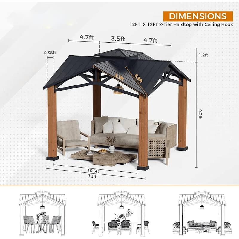 Outdoor Galvanized Steel Roof Gazebo Pergola w Wooden Coated Alumninum Frame, Privacy Curtains and Nettings Include