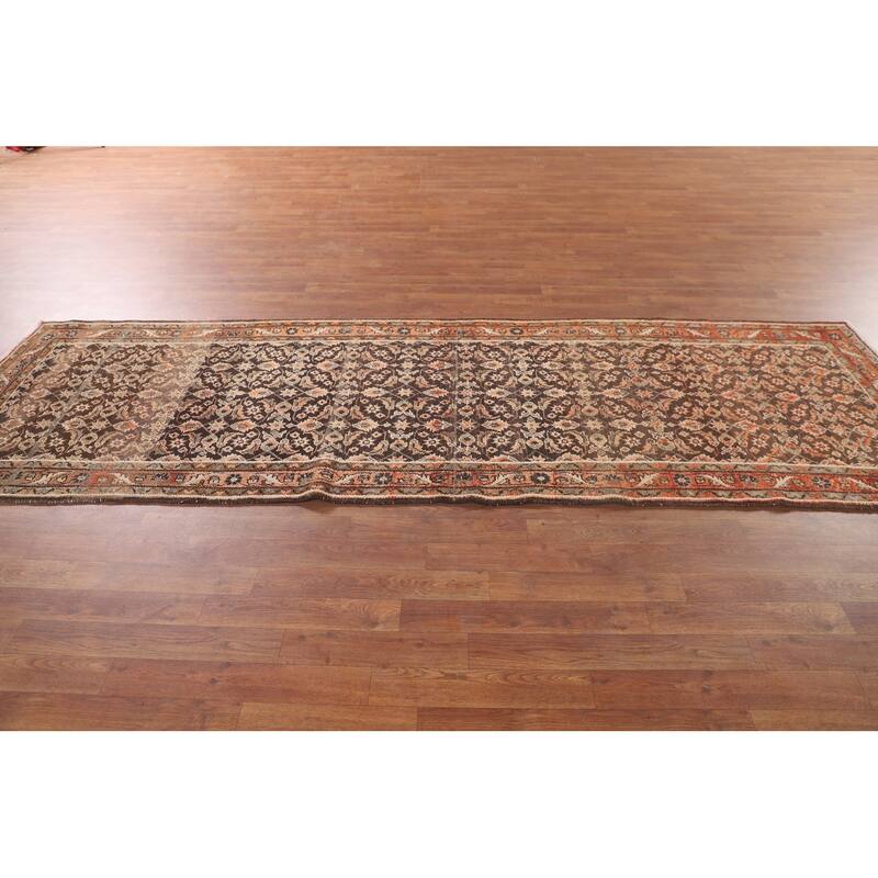 Brown Hamedan Persian Vintage Runner Rug Handmade Wool Carpet - 3'4"x 10'5"