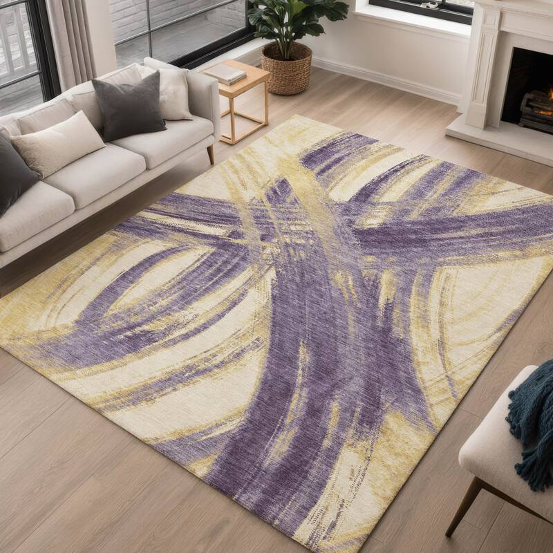Machine Washable Indoor/ Outdoor Abstract Brushstroke Chantille Rug