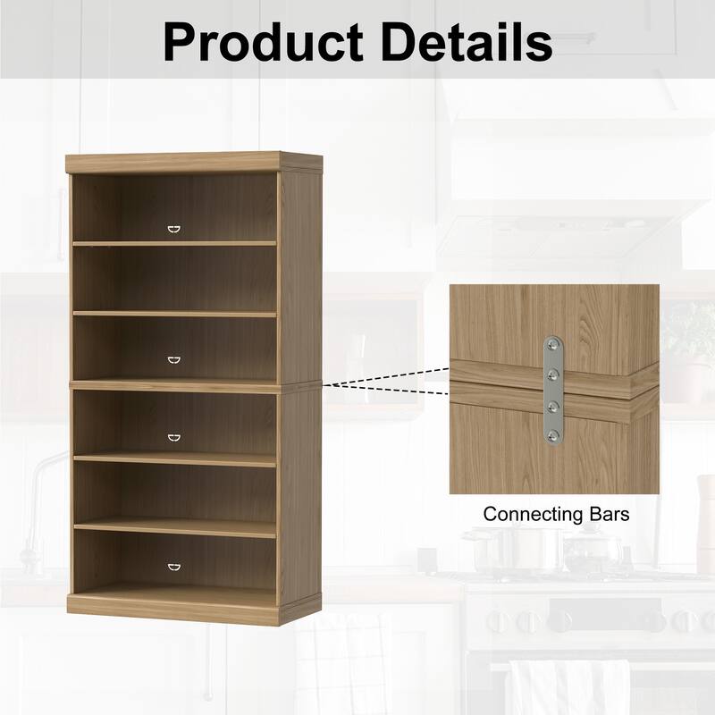 62" Solid Wood 6-Shelf Bookcase Storage with Adjustable Shelves