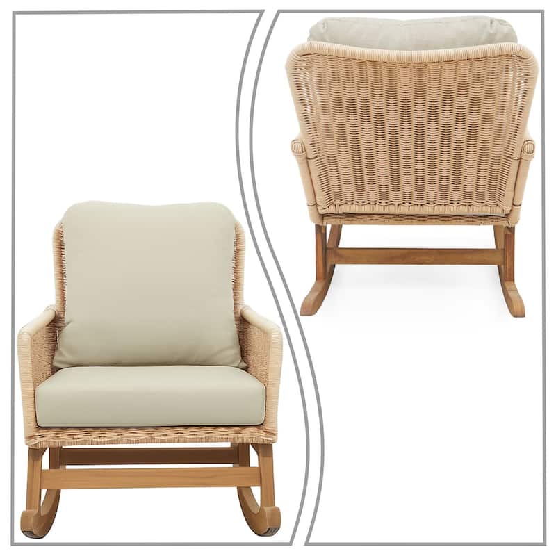 Classic Stylish PE Rattan Wicker Rocking Chair with Cushions and Solid Wood Legs, For Indoor and Outdoor Use