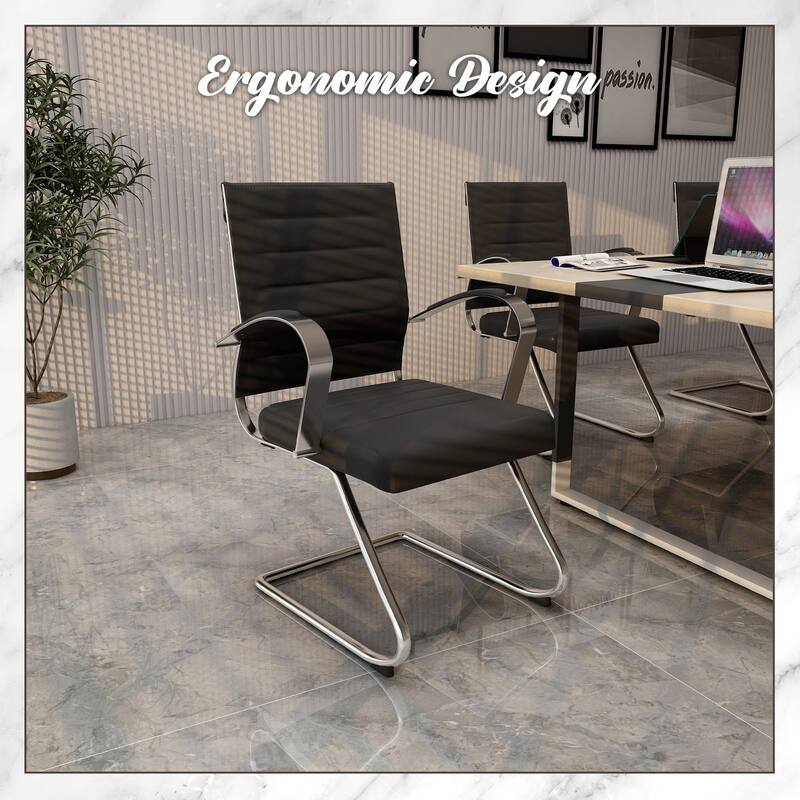 Benmar Modern Leather Office Chair with Stainless Steel Sled Base, Floor Caps, Ergonomic Desk Chair for Home Office or Workspace