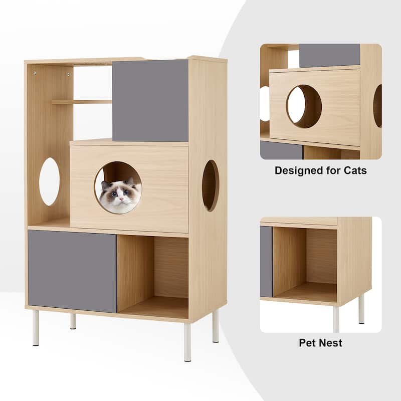 2-in-1 Modern Cat Tree & Bookshelf with Storage, Wooden Bookcase Featuring Litter Box Enclosure and Cat Climbing Shelves