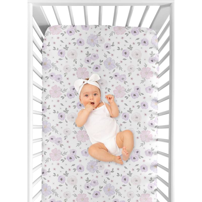 Floral Collection Girl Jersey Knit Fitted Crib Sheet - Lavender Purple, Pink and Grey Boho Shabby Chic Rose Watercolor Flower