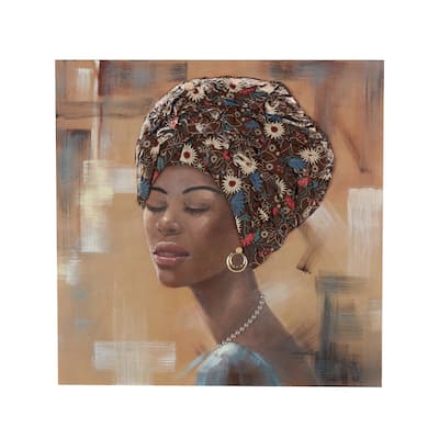Canvas Woman Wall Art with 3D Fabric Headwear And Gold Jewels - Brown - Roche River Decor