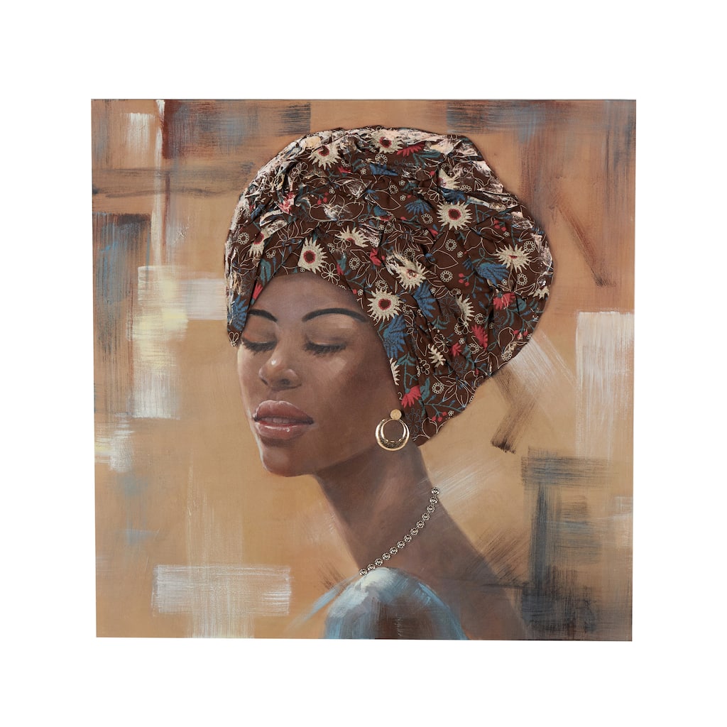 Canvas Woman Wall Art with 3D Fabric Headwear And Gold Jewels - Brown - Roche River Decor