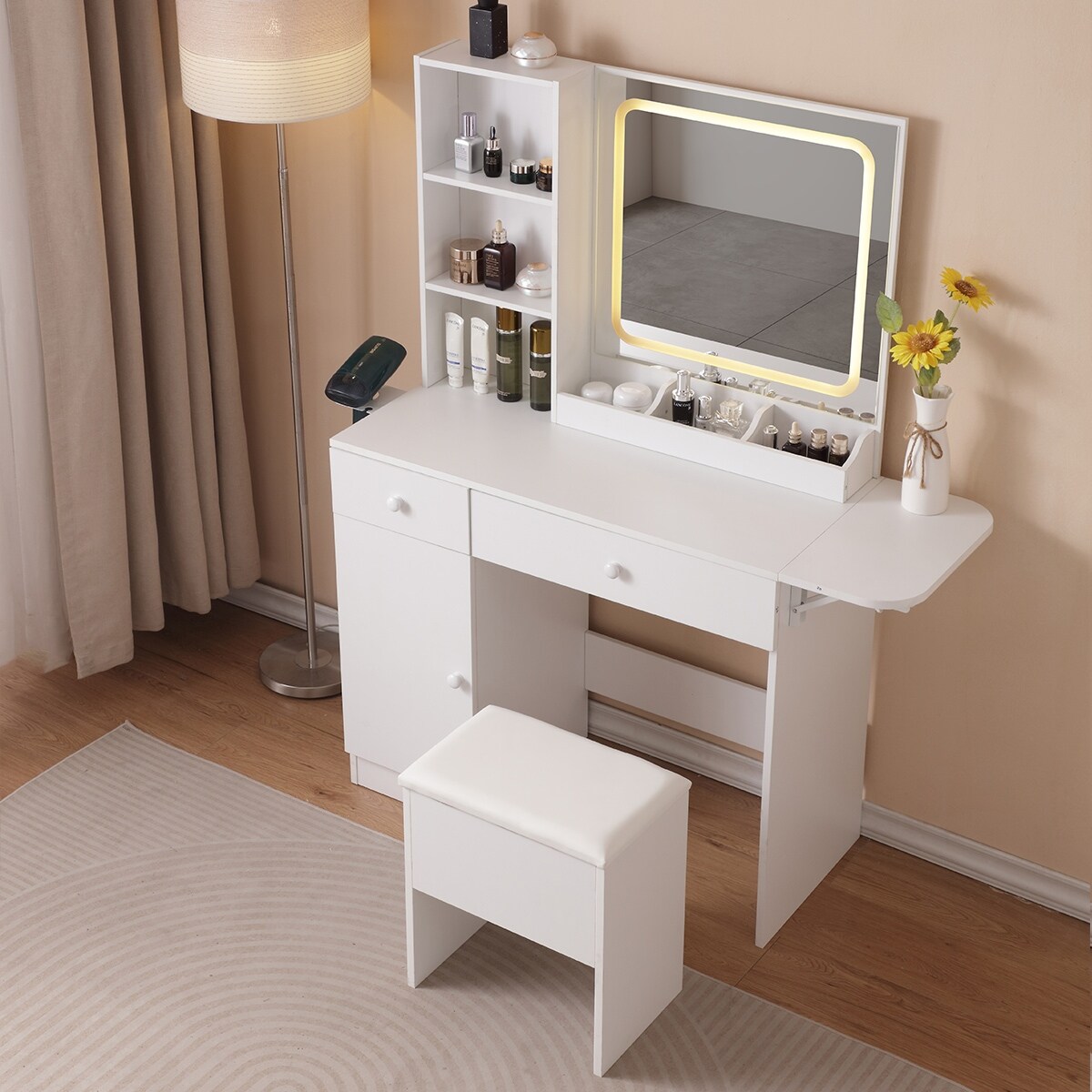 LED Makeup Vanity Table with Foldable Counter,Charging Station