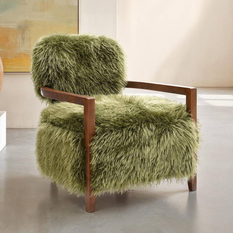1pc Accent Chair Raked Wooden Arms Tight Back And Seat Soft Faux Fur Contemporary Living Room Furniture