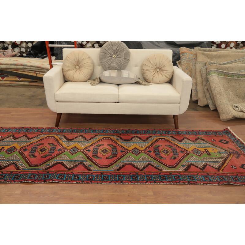 Hand Knotted Oriental 100% Wool Carpet Traditional Geometric Coral Ardebil Runner Rug - 9' 4'' X 3' 6''