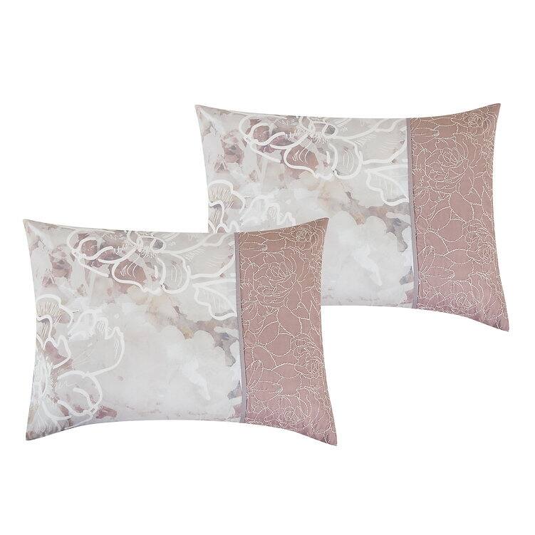 7 Piece Pink & White Floral Comforter Set Embroidery Soft Bedding