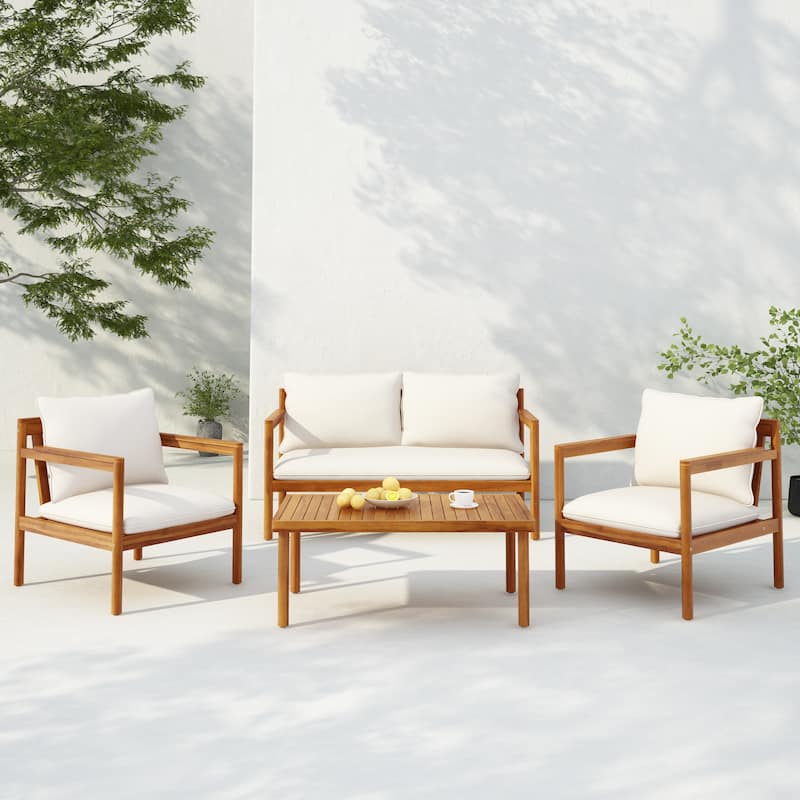 Christopher Knight Home- Elk Acacia Wood Outdoor Chat Set - 4 Piece - Teak+Cream